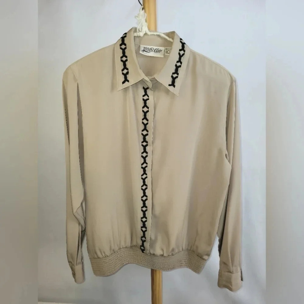 Vintage Yves St. Clair Beige long sleeves blouse shirt embroidery collar size 12